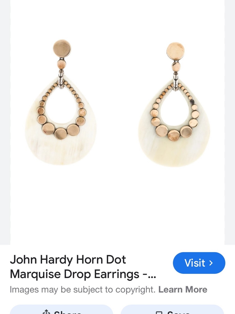 John Hardy Cream Horn Marquise Drops with Gold Dots, with pouch. 😻🤩 used